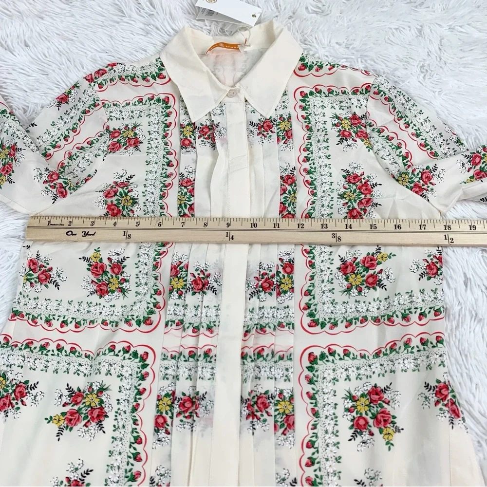 Tory Burch long sleeve‎ pleated garden veil floral silk shirt dress in cream